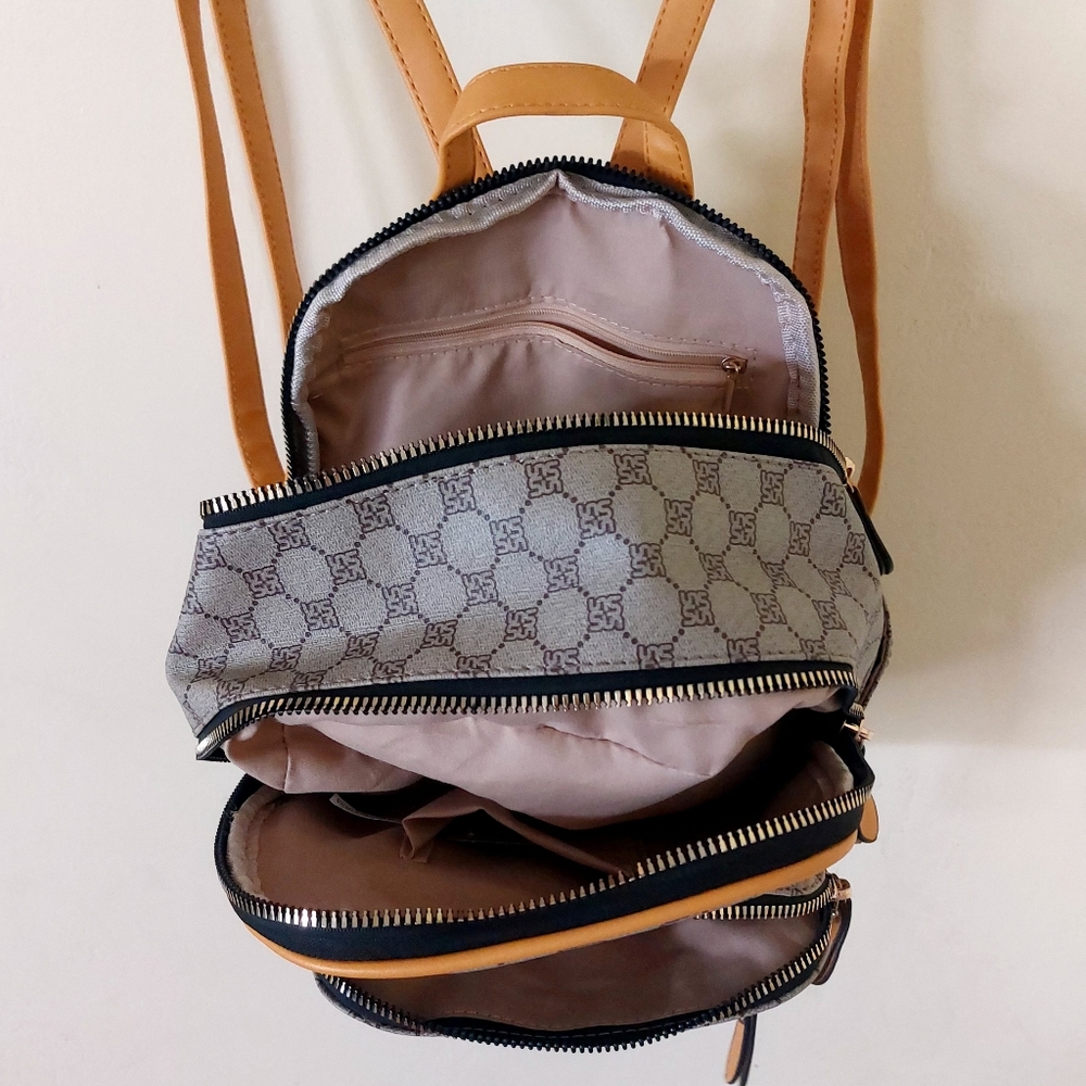 Yellow & Tan Small Faux Leather Vegan Friendly Fashion Backpack Purse w/ Print - Picture 6 of 12